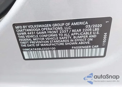 2020 Volkswagen Passat 2.0T Sel z USA, uszkodzony, nr VIN 1VWCA7A39LC020100